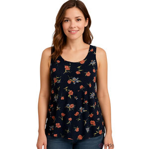 Floral Tank Top Womens S Navy Gauze Sleeveless Boho Casual Chic Summer Cottage
